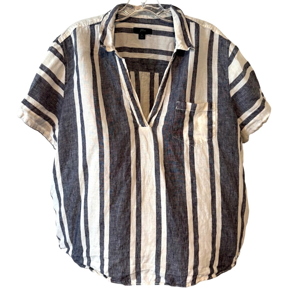 J. Crew Black and White Stripe Linen Short Sleeve Popover Top in Size XL